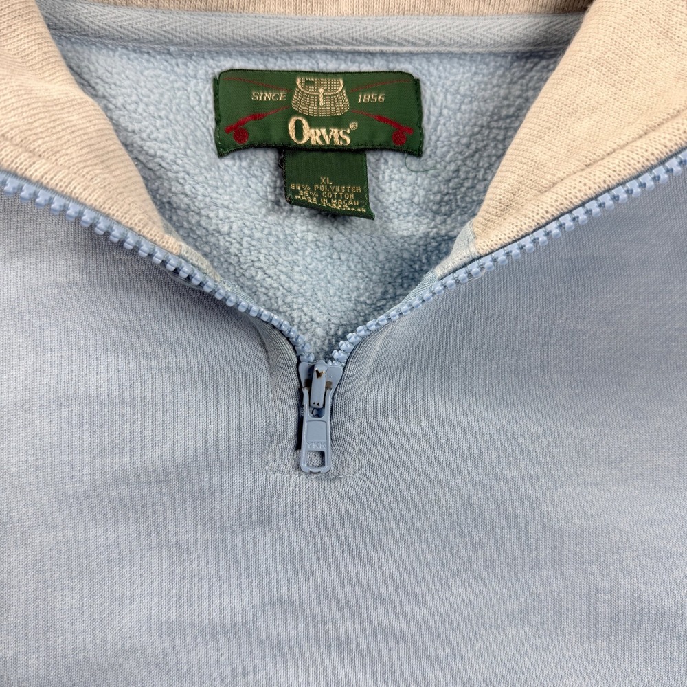 Vintage Orvis Mens Sweatshirt XL Light Blue Quarter Zip Elbow Patches Golf Logo - Picture 6 of 10